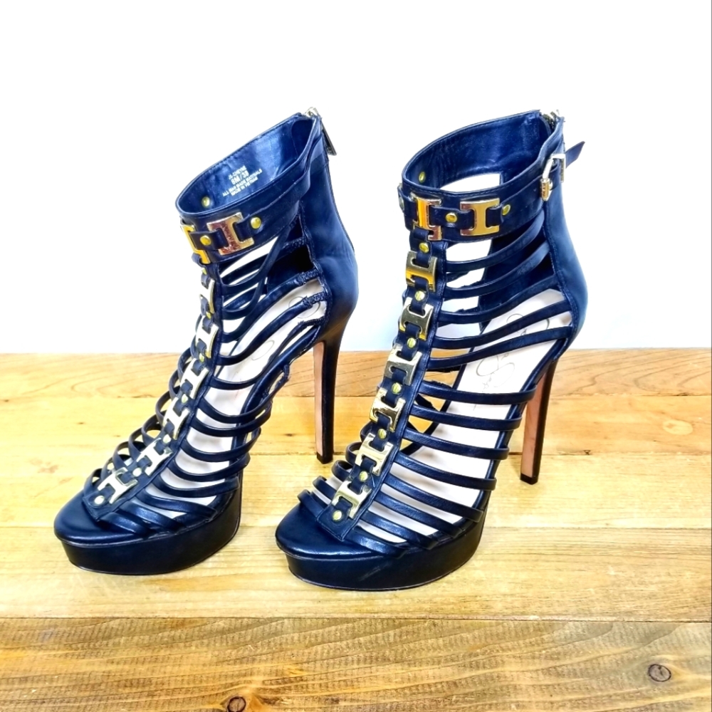 Sz 8 black/gold Sexy Strappy Platform Heels